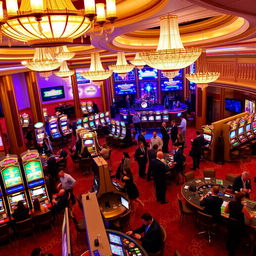 A vibrant scene inside a luxurious casino, showcasing elegant chandeliers, colorful slot machines, and busy gaming tables with players engrossed in their games