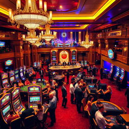A vibrant scene inside a luxurious casino, showcasing elegant chandeliers, colorful slot machines, and busy gaming tables with players engrossed in their games