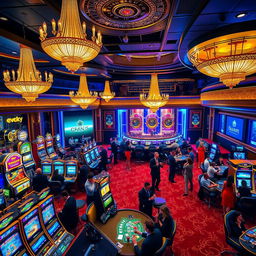 A vibrant scene inside a luxurious casino, showcasing elegant chandeliers, colorful slot machines, and busy gaming tables with players engrossed in their games