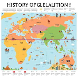 A comprehensive visual timeline illustrating the history of globalization from ancient trade routes to modern digital connectivity