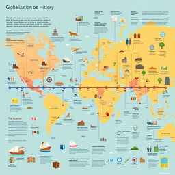 A comprehensive visual timeline illustrating the history of globalization from ancient trade routes to modern digital connectivity