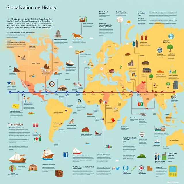 A comprehensive visual timeline illustrating the history of globalization from ancient trade routes to modern digital connectivity