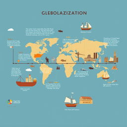 A detailed timeline showcasing the history of globalization, starting from ancient trade routes like the Silk Road, through the Age of Exploration with ships navigating the globe, the establishment of major trading companies in the 17th century, to the industrial revolution that transformed economies