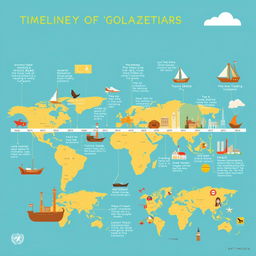 A detailed timeline showcasing the history of globalization, starting from ancient trade routes like the Silk Road, through the Age of Exploration with ships navigating the globe, the establishment of major trading companies in the 17th century, to the industrial revolution that transformed economies