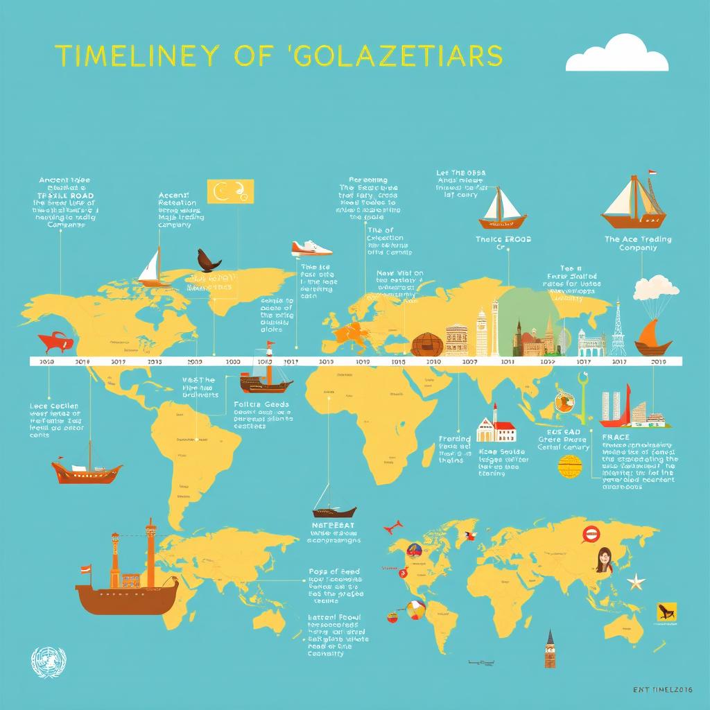 A detailed timeline showcasing the history of globalization, starting from ancient trade routes like the Silk Road, through the Age of Exploration with ships navigating the globe, the establishment of major trading companies in the 17th century, to the industrial revolution that transformed economies