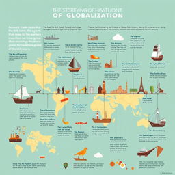 A detailed timeline showcasing the history of globalization, starting from ancient trade routes like the Silk Road, through the Age of Exploration with ships navigating the globe, the establishment of major trading companies in the 17th century, to the industrial revolution that transformed economies