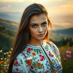 A stunningly beautiful woman, embodying a unique blend of Russian and Ukrainian features, with long flowing dark hair and striking green eyes