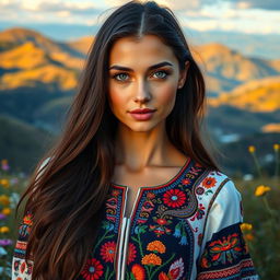 A stunningly beautiful woman, embodying a unique blend of Russian and Ukrainian features, with long flowing dark hair and striking green eyes