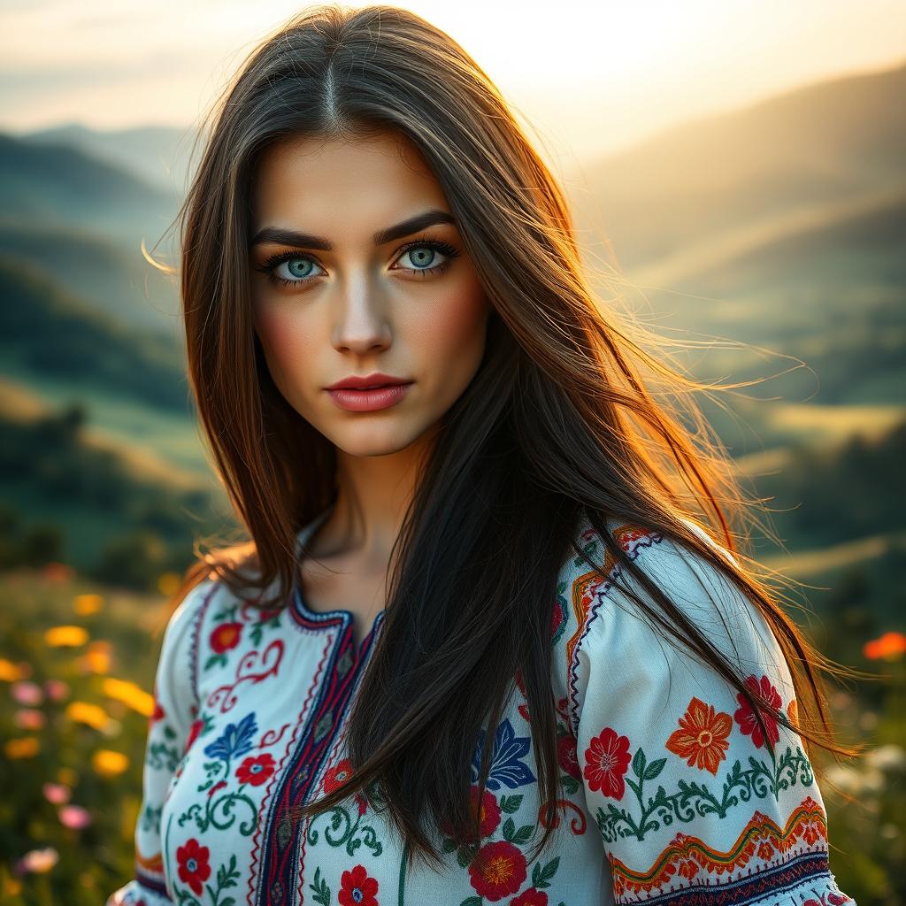 A stunningly beautiful woman, embodying a unique blend of Russian and Ukrainian features, with long flowing dark hair and striking green eyes
