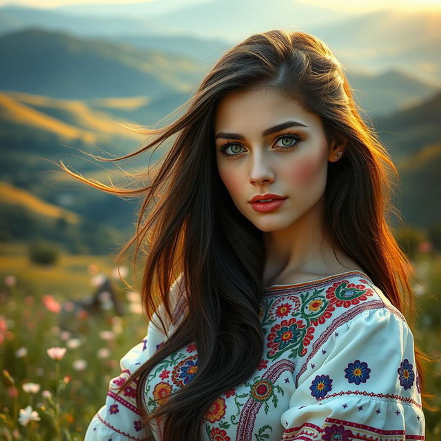 A stunningly beautiful woman, embodying a unique blend of Russian and Ukrainian features, with long flowing dark hair and striking green eyes