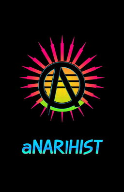 A black background featuring a prominent anarchist symbol, styled in a cyberpunk aesthetic