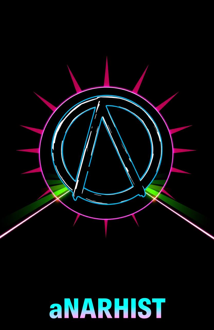 A black background featuring a prominent anarchist symbol, styled in a cyberpunk aesthetic