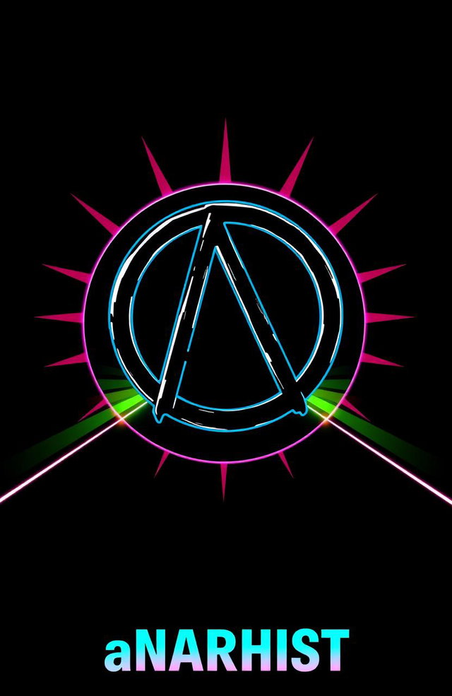 A black background featuring a prominent anarchist symbol, styled in a cyberpunk aesthetic