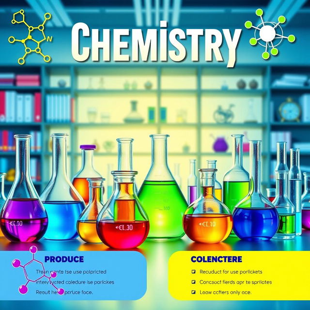 A vibrant and eye-catching chemistry-themed poster featuring an array of laboratory glassware, including beakers, flasks, and test tubes filled with colorful liquids