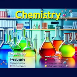 A vibrant and eye-catching chemistry-themed poster featuring an array of laboratory glassware, including beakers, flasks, and test tubes filled with colorful liquids
