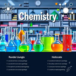 A vibrant and eye-catching chemistry-themed poster featuring an array of laboratory glassware, including beakers, flasks, and test tubes filled with colorful liquids
