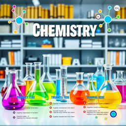 A vibrant and eye-catching chemistry-themed poster featuring an array of laboratory glassware, including beakers, flasks, and test tubes filled with colorful liquids