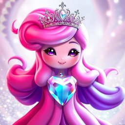 A queen slime character, featuring vibrant pink and purple hues, adorned with a sparkling silver crown