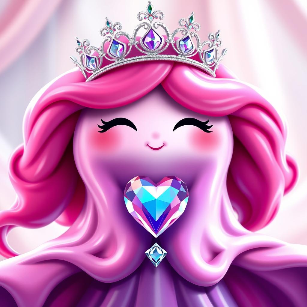 A queen slime character, featuring vibrant pink and purple hues, adorned with a sparkling silver crown