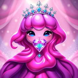 A queen slime character, featuring vibrant pink and purple hues, adorned with a sparkling silver crown