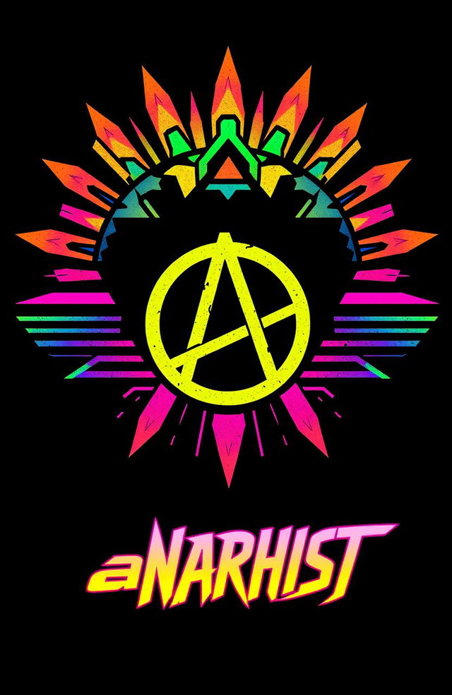 A cyberpunk styled image featuring a prominent Anarchy symbol, boldly displayed against a black background