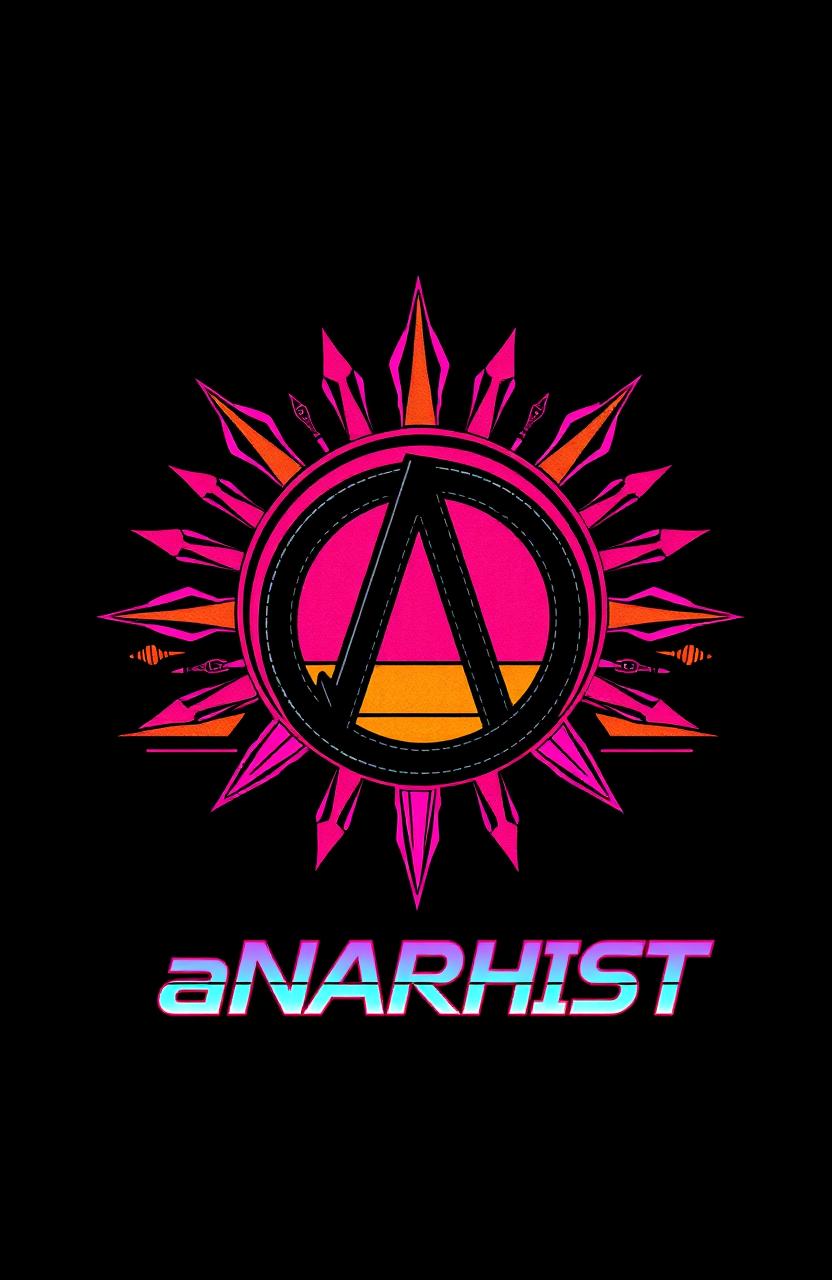 A cyberpunk styled image featuring a prominent Anarchy symbol, boldly displayed against a black background