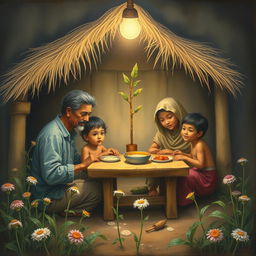 A heartwarming and emotional painting depicting a very poor family in a humble setting, showcasing the depth of their love and connection despite their hardships