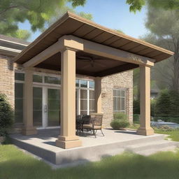 A 12x12 patio featuring structural columns, with a 3 feet extended roof on the front face of a house.