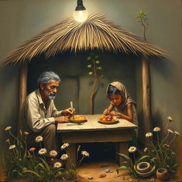 A heartwarming and emotional painting depicting a very poor family in a humble setting, showcasing the depth of their love and connection despite their hardships