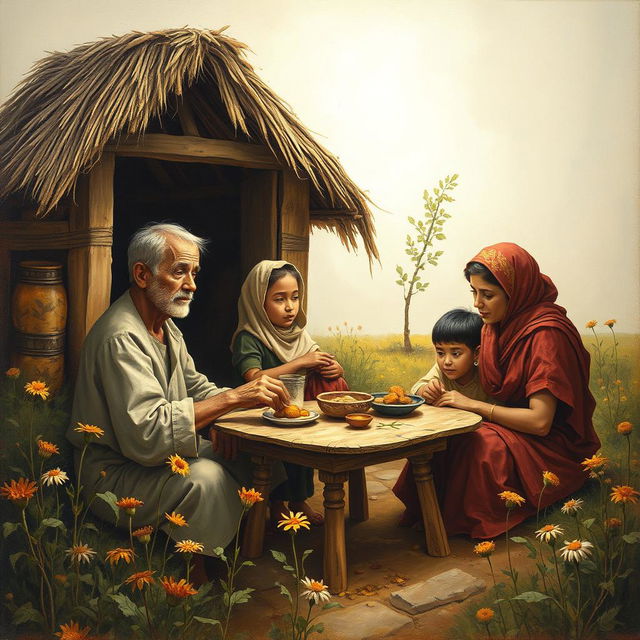 A heartwarming and emotional painting depicting a very poor family in a humble setting, showcasing the depth of their love and connection despite their hardships