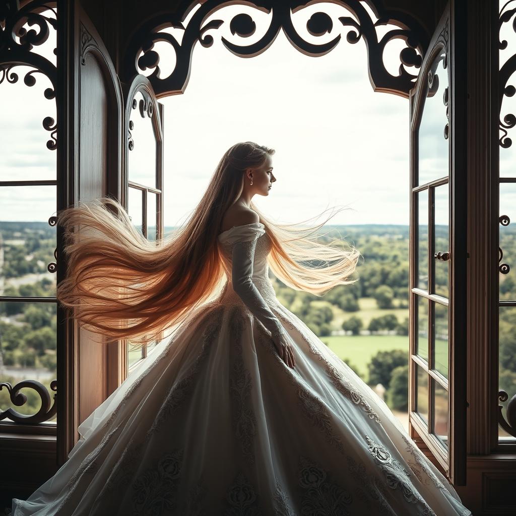 A beautiful princess gazing out of a large ornate window, her long, flowing hair blowing gracefully in the wind, creating an elegant and dramatic atmosphere