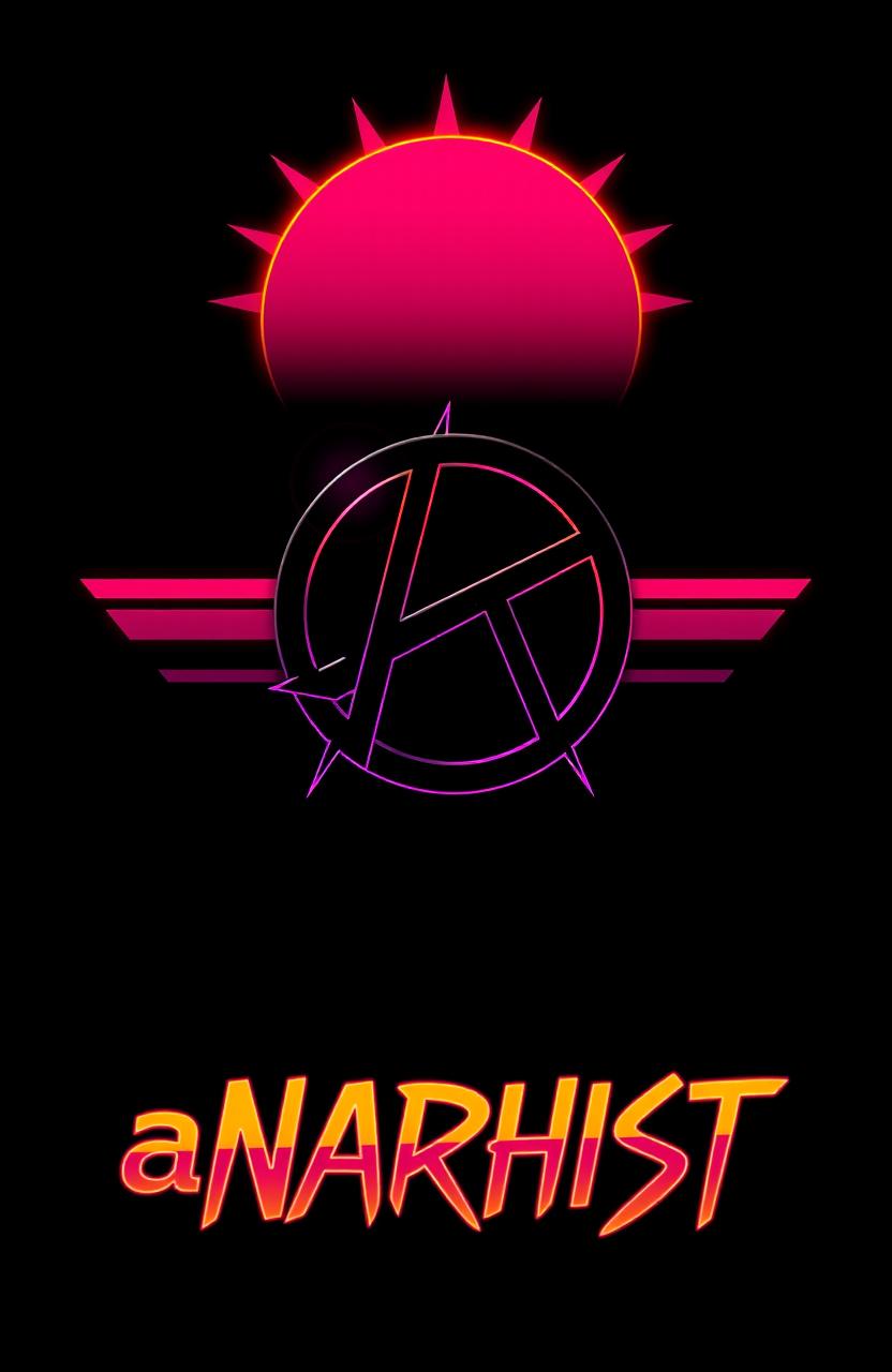 A striking black background featuring the anarchy symbol in a vibrant cyberpunk style, illuminated by a retro 80s sun