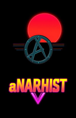 A striking black background featuring the anarchy symbol in a vibrant cyberpunk style, illuminated by a retro 80s sun