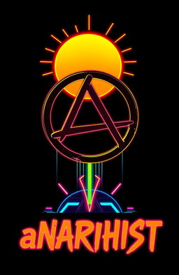 A striking black background featuring the anarchy symbol in a vibrant cyberpunk style, illuminated by a retro 80s sun