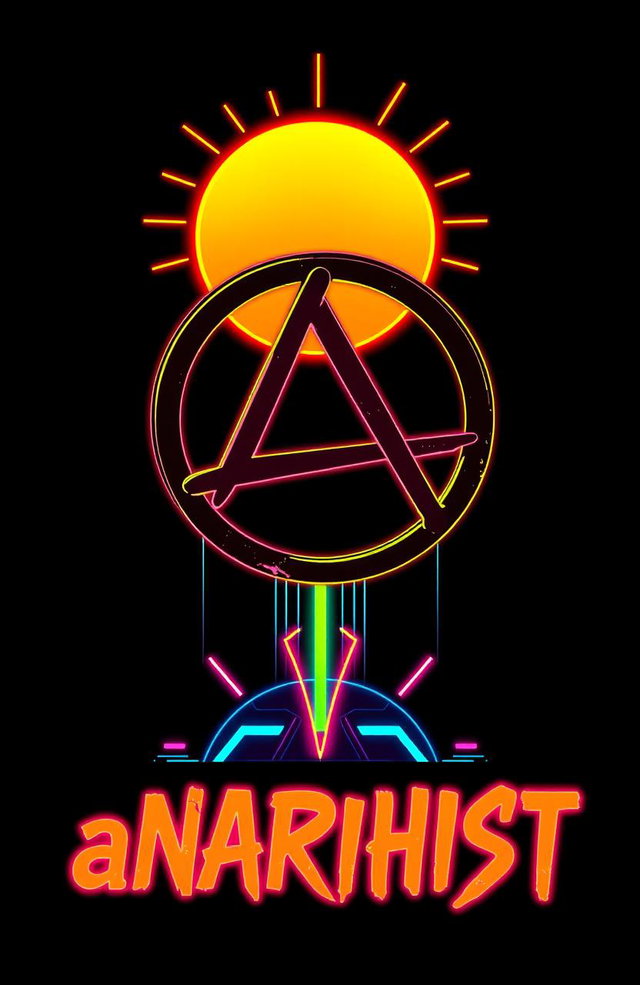 A striking black background featuring the anarchy symbol in a vibrant cyberpunk style, illuminated by a retro 80s sun