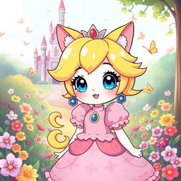 A whimsical illustration of Princess Peach transformed into a cute neko (cat girl) character