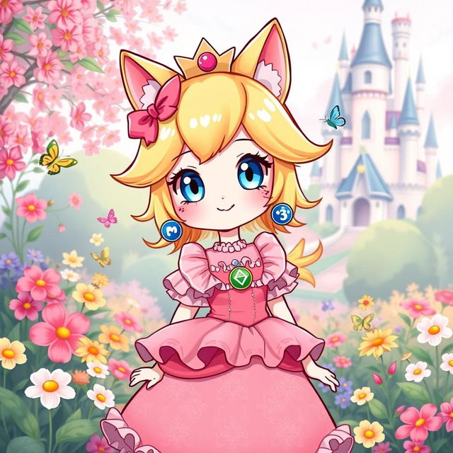 A whimsical illustration of Princess Peach transformed into a cute neko (cat girl) character