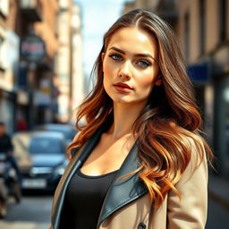 A beautiful young woman with a striking blend of Russian and Ukrainian features, dressed in modern, trendy fashion