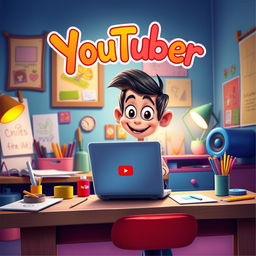 A vibrant Disney and Pixar style poster featuring a whimsical character sitting at a colorful desk with a laptop open to the YouTube homepage, showcasing a playful and energetic atmosphere