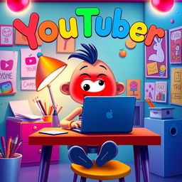 A vibrant Disney and Pixar style poster featuring a whimsical character sitting at a colorful desk with a laptop open to the YouTube homepage, showcasing a playful and energetic atmosphere