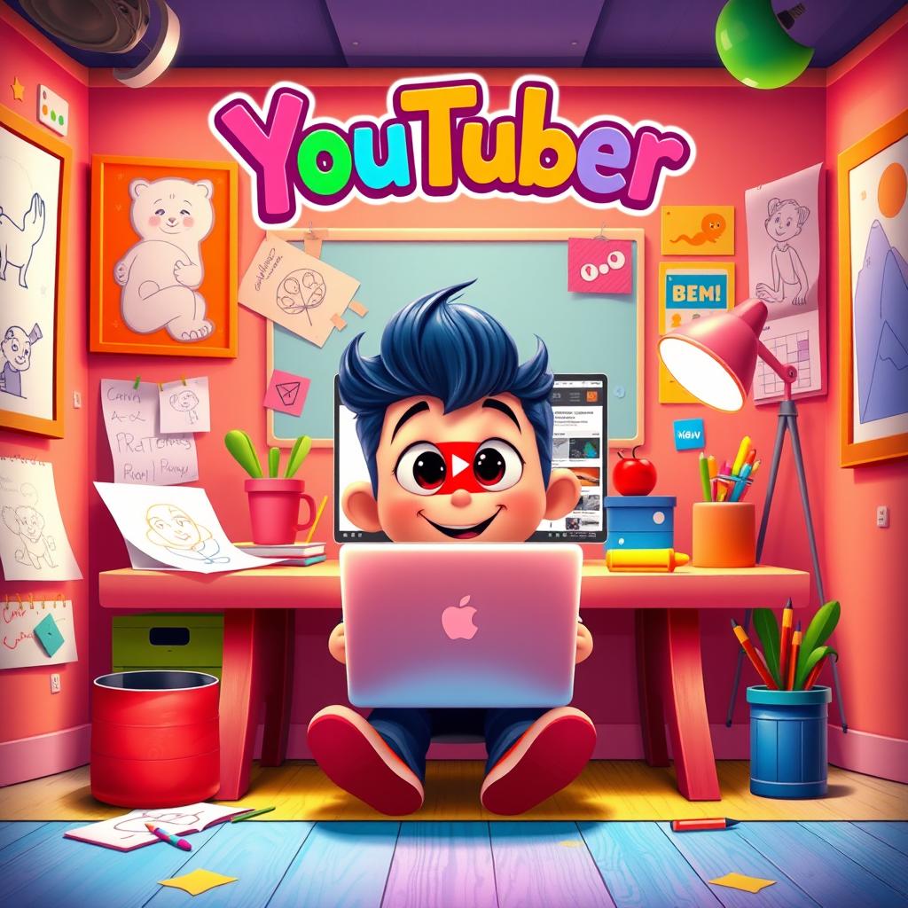 A vibrant Disney and Pixar style poster featuring a whimsical character sitting at a colorful desk with a laptop open to the YouTube homepage, showcasing a playful and energetic atmosphere