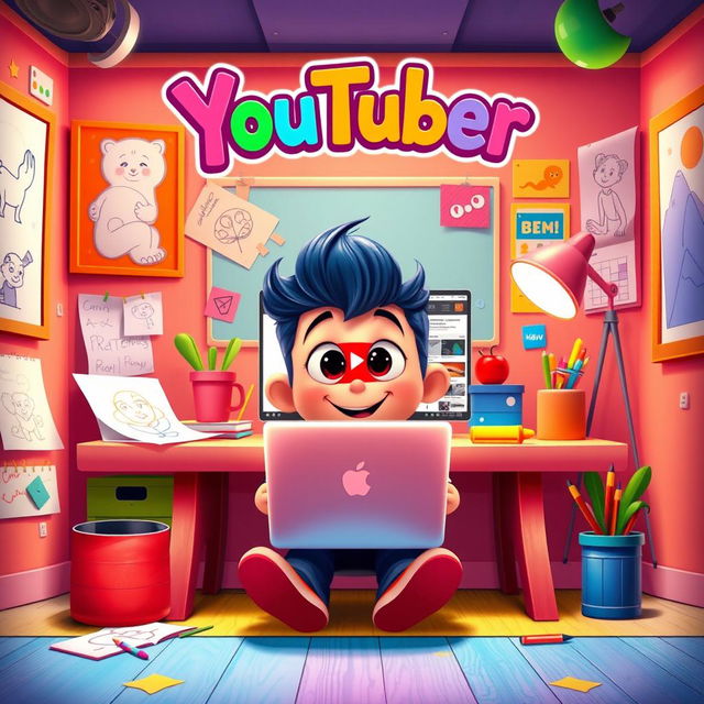 A vibrant Disney and Pixar style poster featuring a whimsical character sitting at a colorful desk with a laptop open to the YouTube homepage, showcasing a playful and energetic atmosphere