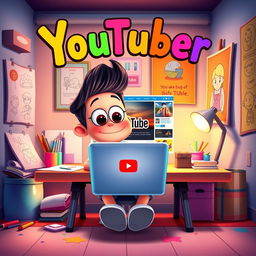 A vibrant Disney and Pixar style poster featuring a whimsical character sitting at a colorful desk with a laptop open to the YouTube homepage, showcasing a playful and energetic atmosphere