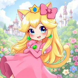 An adorable illustration of Princess Peach depicted as a neko (cat girl)