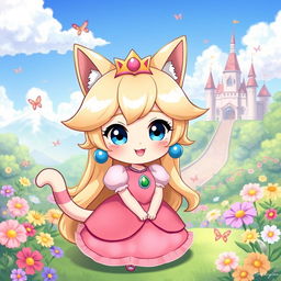An adorable illustration of Princess Peach depicted as a neko (cat girl)