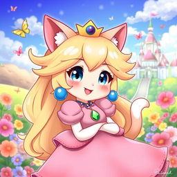 An adorable illustration of Princess Peach depicted as a neko (cat girl)