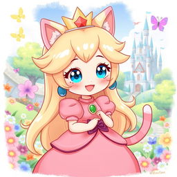 An adorable illustration of Princess Peach depicted as a neko (cat girl)