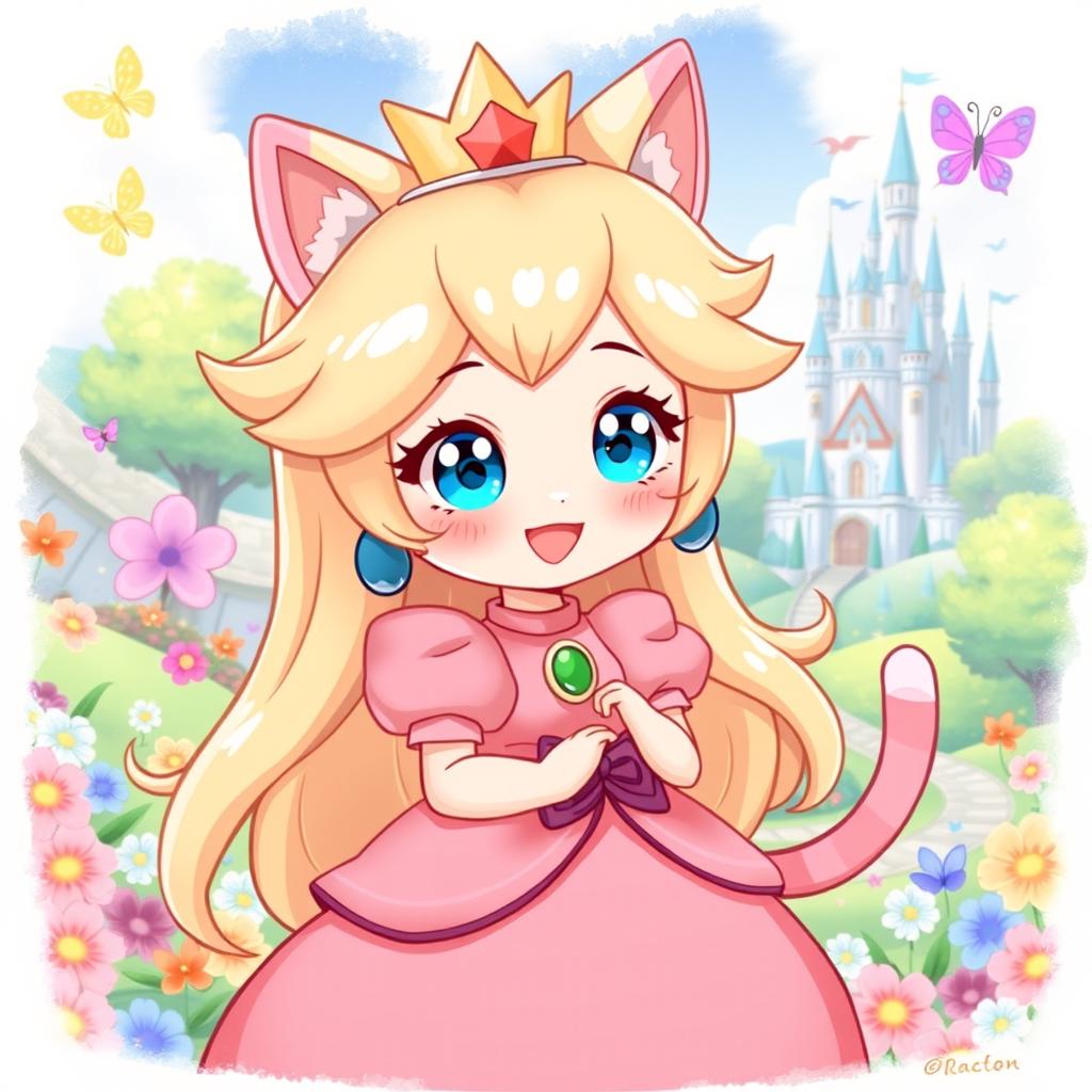An adorable illustration of Princess Peach depicted as a neko (cat girl)