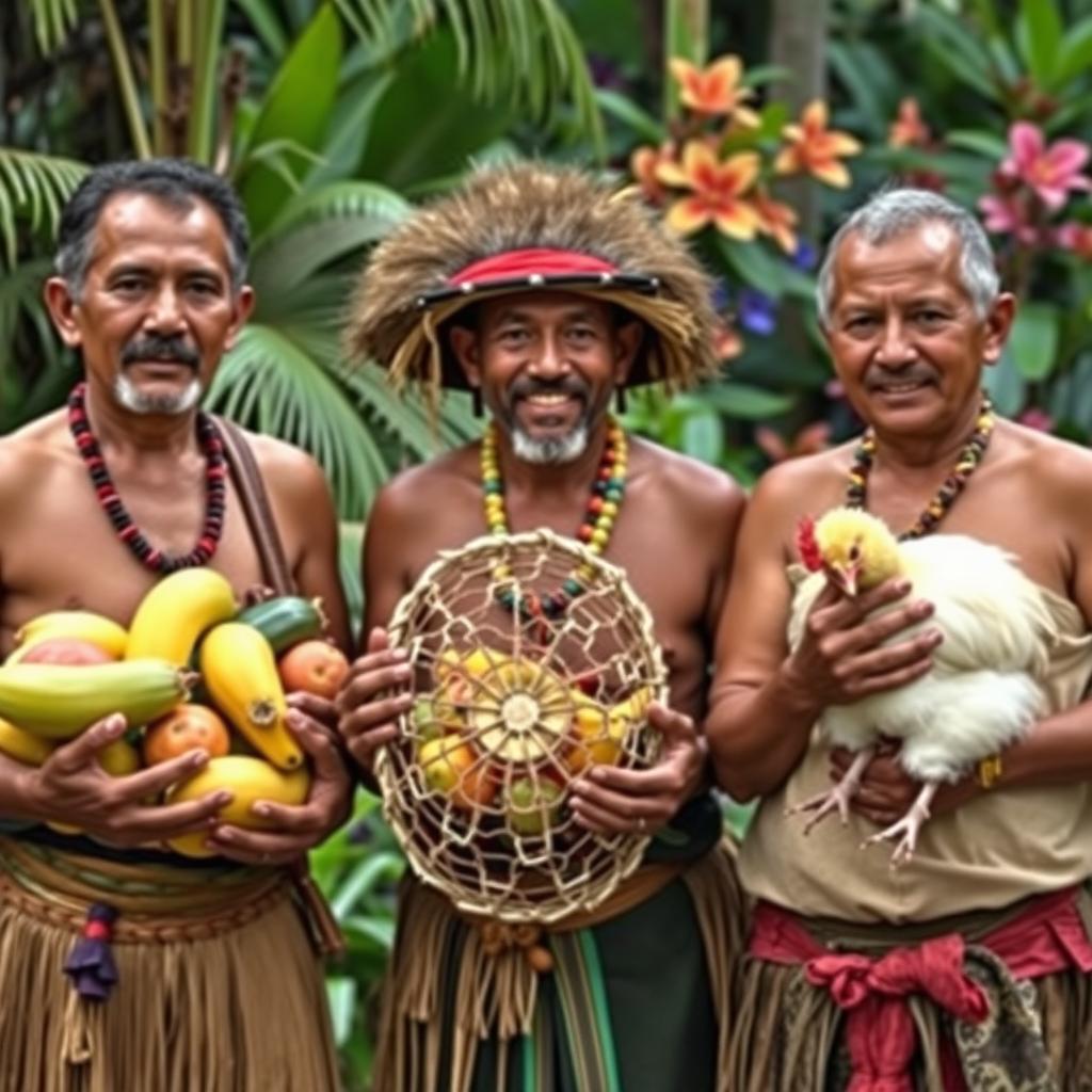 Three indigenous men, each showcasing their traditional attire and culture