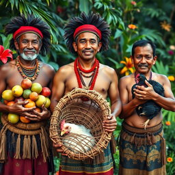 Three indigenous men, each showcasing their traditional attire and culture